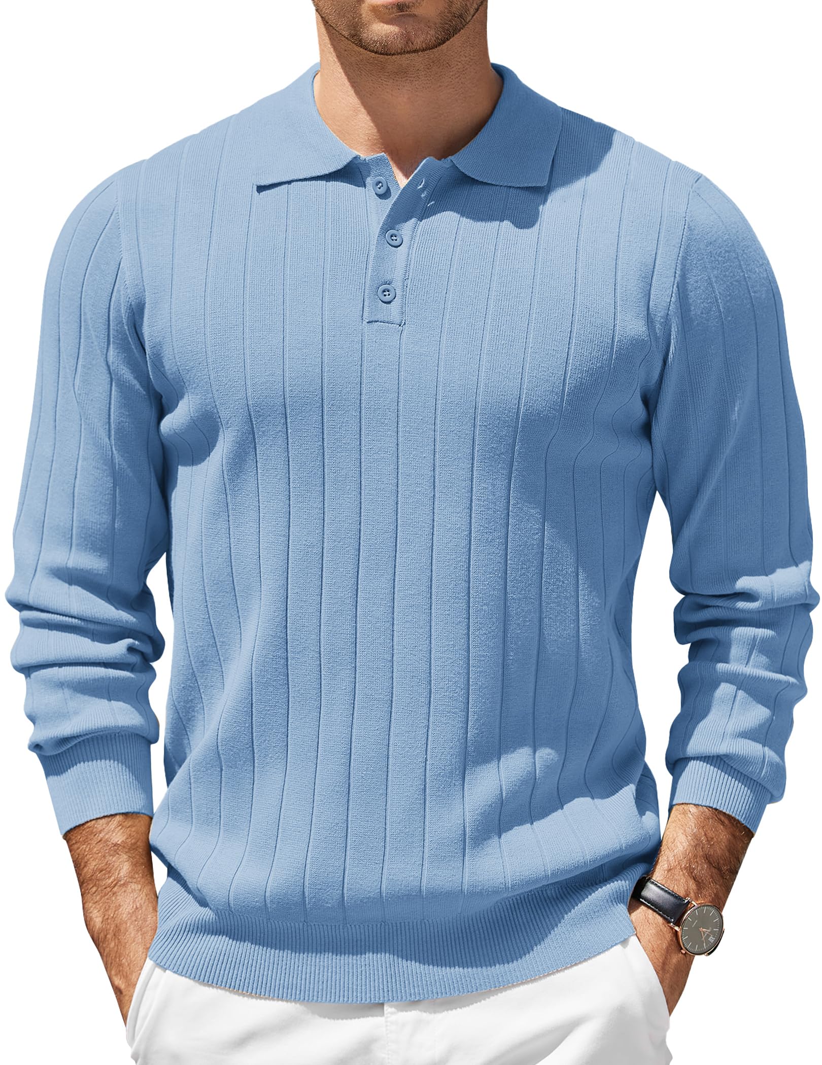 COOFANDY Long Sleeve Polo Shirts for Men Casual Knit Sweater Vintage Button Up Polo Sweaters Light Blue Image