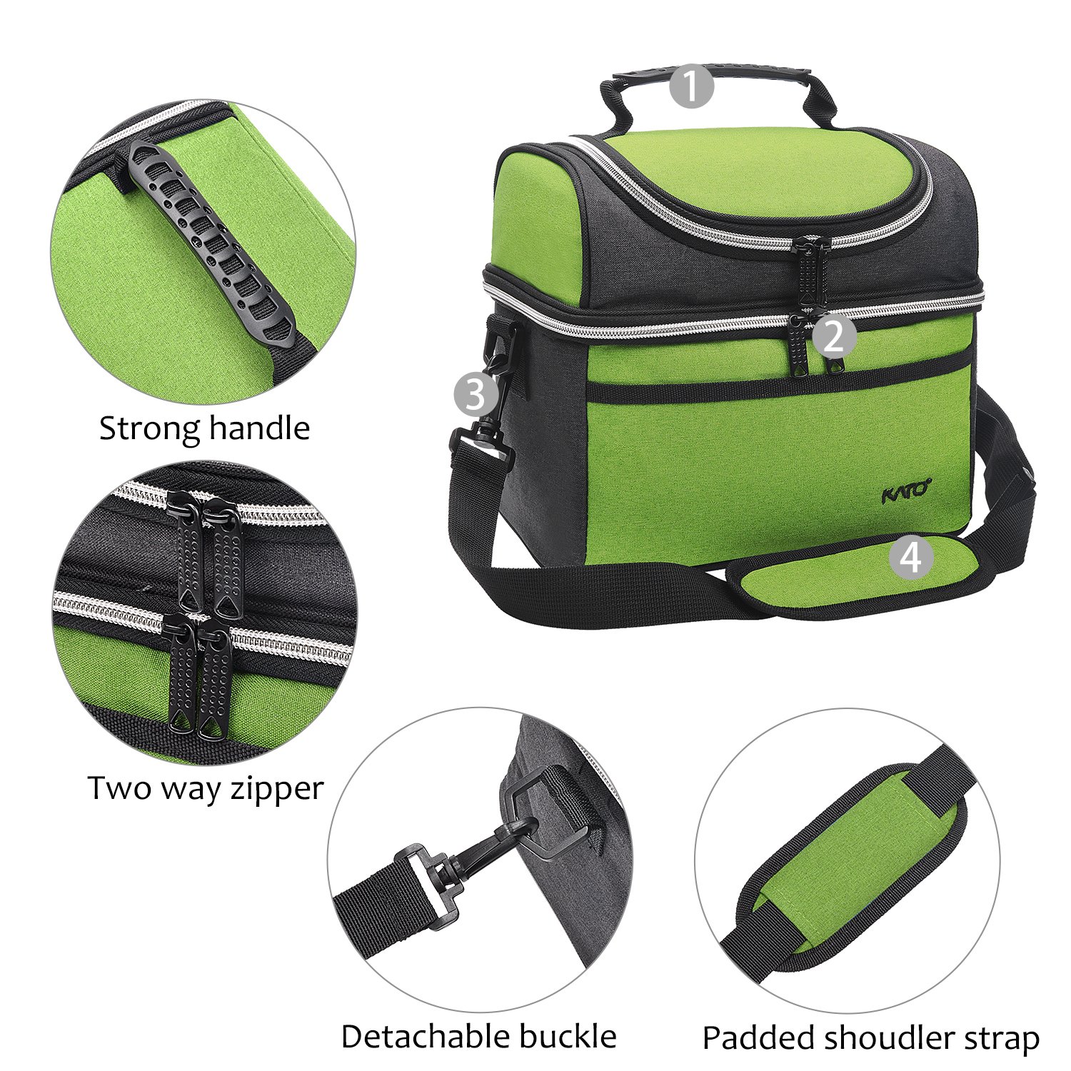 Kato Insulated Lunch Bag, Leakproof Thermal Bento Cooler Tote for Women and Men, Dual Compartment with Shoulder Strap and Front Pocket, Oxford Cloth, Green