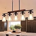 NSRCE Farmhouse Linear Chandelier with Clear Glass Shade, 5-Light Matte Black Rustic Wood Ceiling Pendant Light Fixture for Dining Room Over Table, Adjustable Kitchen Island Lighting Hanging