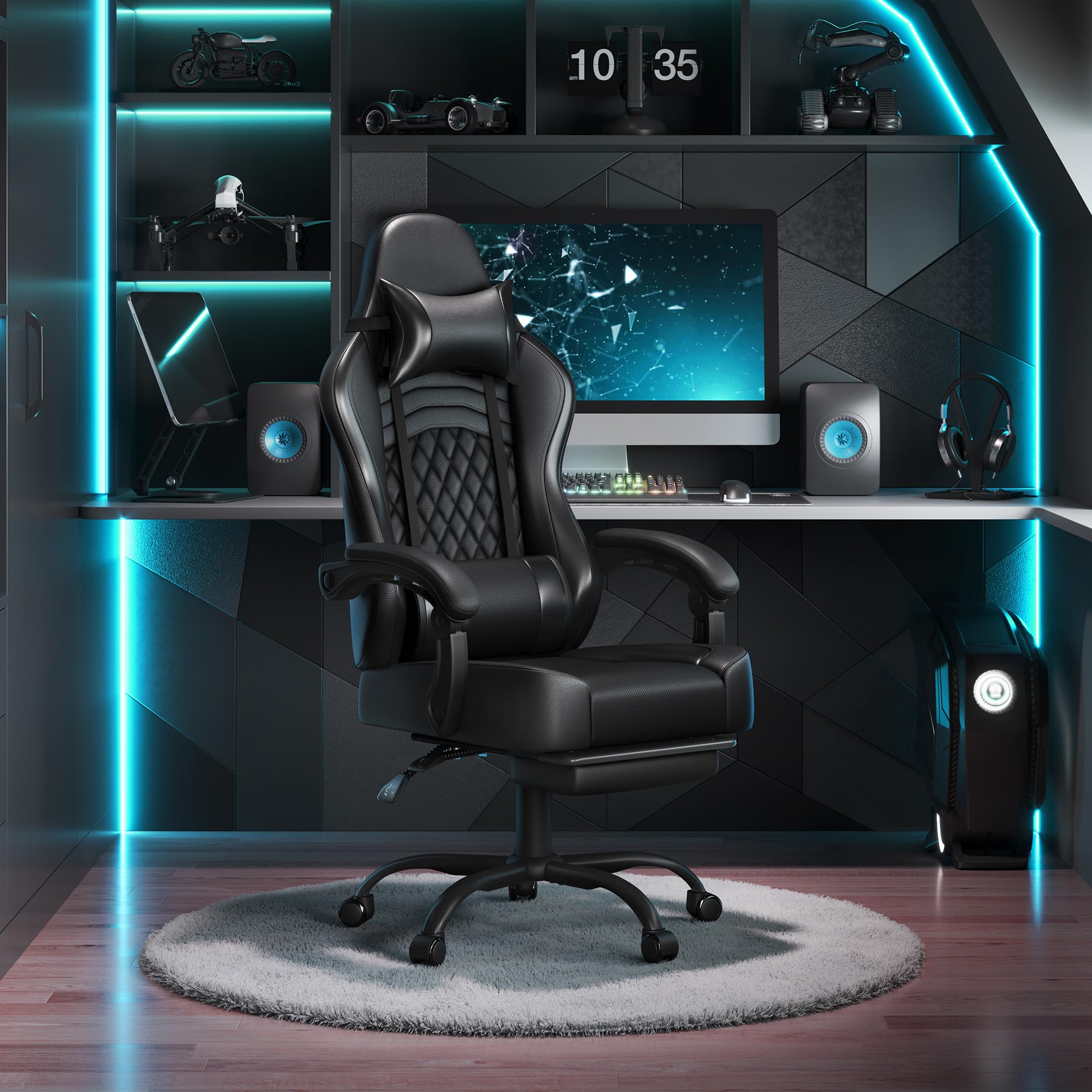 Yaheetech Gaming Stuhl, Ergonomischer Gaming-Stuhl mit Massagefunktion & Ausziehbarer Fußstütze, Verstellbare Rückenlehne, Höhenverstellbar, PC-Stuhl Computerstuhl Drehsessel (Schwarz) 2