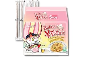 Buldak Ramen Noodles - Cream Carbonara Flavor - 5 Pack - Spicy Ramen Noodles Buldak Ramen Korean Spicy Hot Chicken Stir-Fried Noodles Bundle with 5 ALL.FOR.YOU. Branded Chopsticks