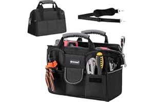TICONN Heavy Duty Tool Bag with Multi-Pockets, Portable Tool Box Organizer Storage Bag, with Adjustable Shoulder Strap and Ergonomic Handle (Black, 12" Standard Base)