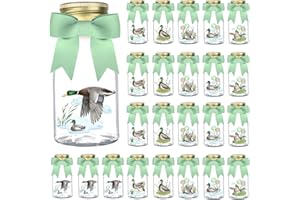 Serencatcher 24 Pack Mallard Duck Party Decorations, One Lucky Duck Theme Baby Shower PET Candy Bottles with Ribbons and Lucky Duck Stickers DIY Candy Jars for Duck Hunting Party Decoration