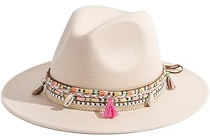 Gossifan Women's Felt Fedora Hat Wide Brim Panama Hats with Tassel