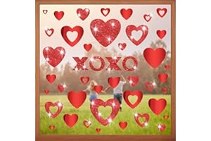 Quera Glitter Valentine's Day Window Clings Stickers XOXO Double-Sided Love Heart Window Decals Red PVC Stickers for Home Wedding Anniversary Party Supplies Shop Window Glass Display Decoration, 6 S