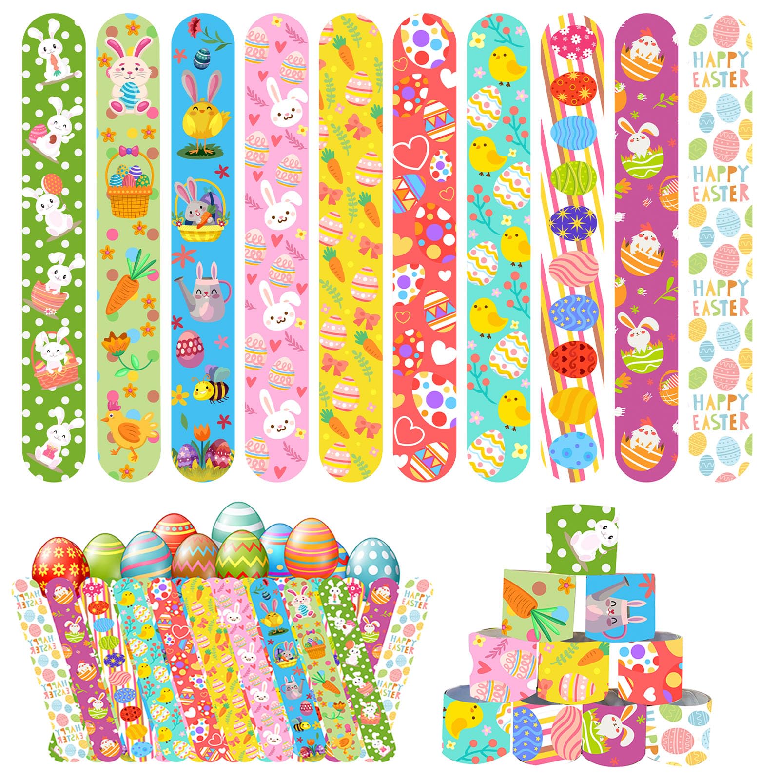 Mienocol 24 PCS Easter Slap Bracelets - Bunny, Egg, Chick Pattern Snap Bands for Basket Stuffers, Party Bag Fillers, Kids Birthday Party Favors — image 1