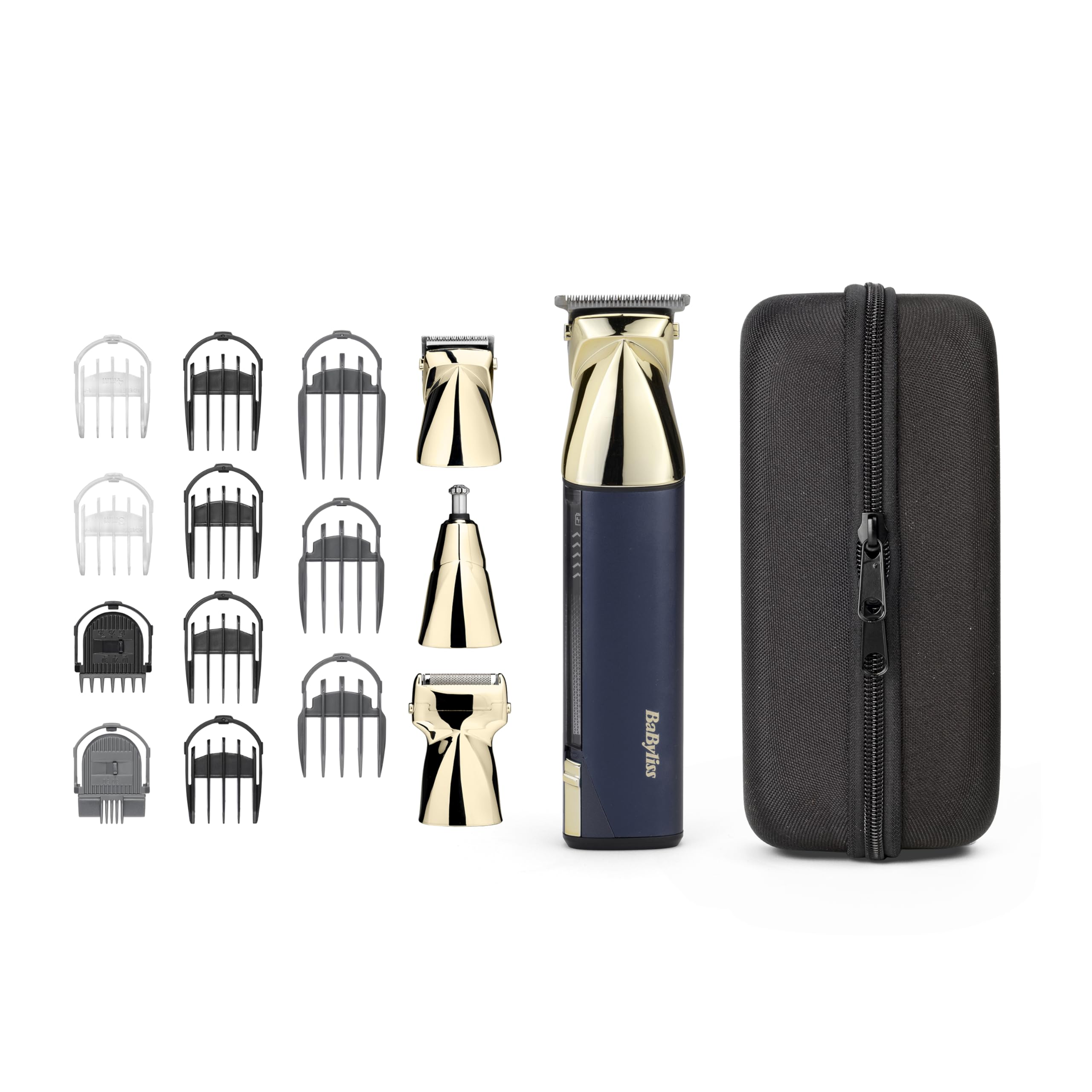 BaByliss Super-X Metal Multi Trimmer - Professional 15-in-1 Grooming Kit with Japanese Steel Blades, Magnetic Heads, Digital Display, Waterproof Design, 5-Hour Cordless Runtime, Navy/Gold, MT992U