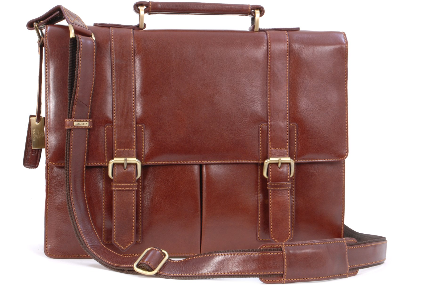 VISCONTI - Men's Leather Briefcase - Extra Large 17 Inch Laptop Bag - A4 Messenger Work Bag - Adjustable Crossbody Strap - VT6 Bennet - Tan Brown