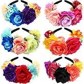 Kigeli 6 Pcs Mexican Fiesta Flower Crown Headbands for Women, Fresh Color | Colorful Floral Rose Headbands for Day of the Dead Halloween Party Decorations, Mexican Independence Day Wedding Costume