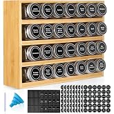 Bamboo Spice Rack Organizer With 28 Glass Spice Jars 4 oz, for Countertop | 780 Labels, 4 Tier Wood Hanging Shelf, Chalk Marker and Funnel Set for Drawer Cabinet Kitchen Wall Mount, Empty 4 oz Jars