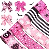 Whaline 5 Rolls Halloween Wired Edge Ribbons Boo Ghost Spider Web Dots Stripe Craft Ribbon Pink Black Fabric Wrapping Ribbon for Bow Wreath Party Home Decor, 2.5 Inch, 30 Yards