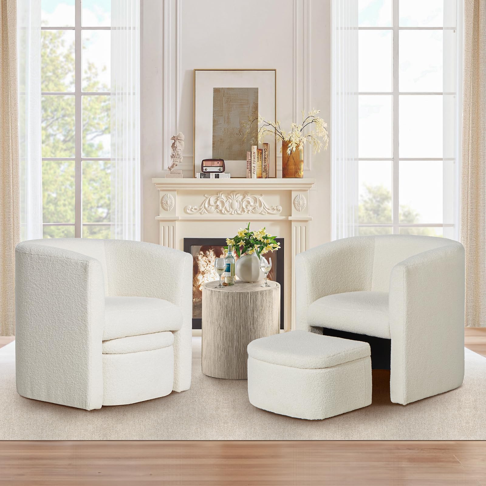 Photo 1 of COLAMY Upholstered Sherpa Barrel Accent Chair with Storage Ottoman Set of 2, Morden Living Room Side Chair, Single Sofa Armchair with Lounge Seat for Bedroom/Office/Reading Spaces, Cream