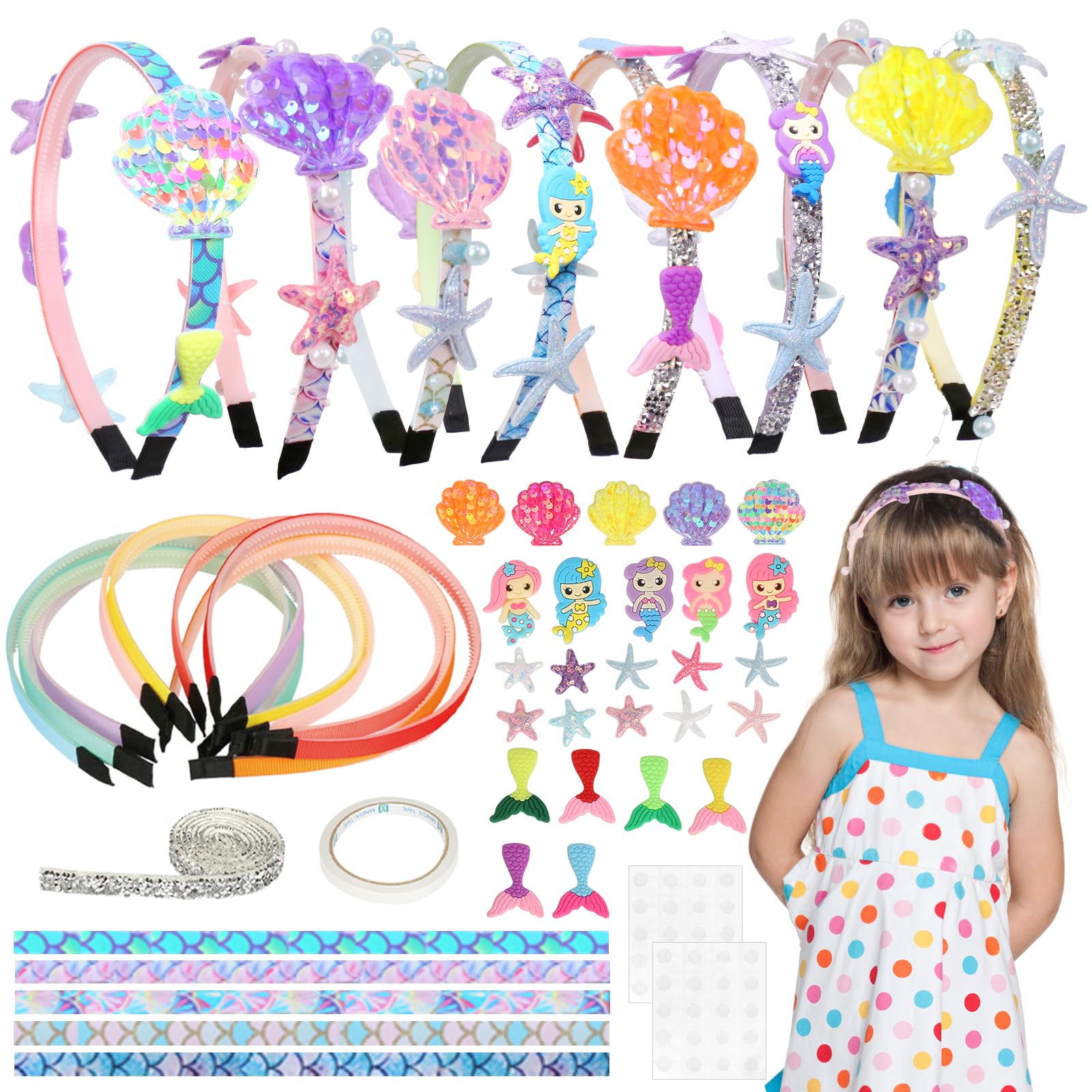Landifor 8pcs Girly Headband Making Kit Make Your Own Unique Mermaid Headbands DIY Hair Accessories Creative Sets for Girls Daughter Granddaughter Age 4+ Art Craft Under The Sea Themed Party Gifts
