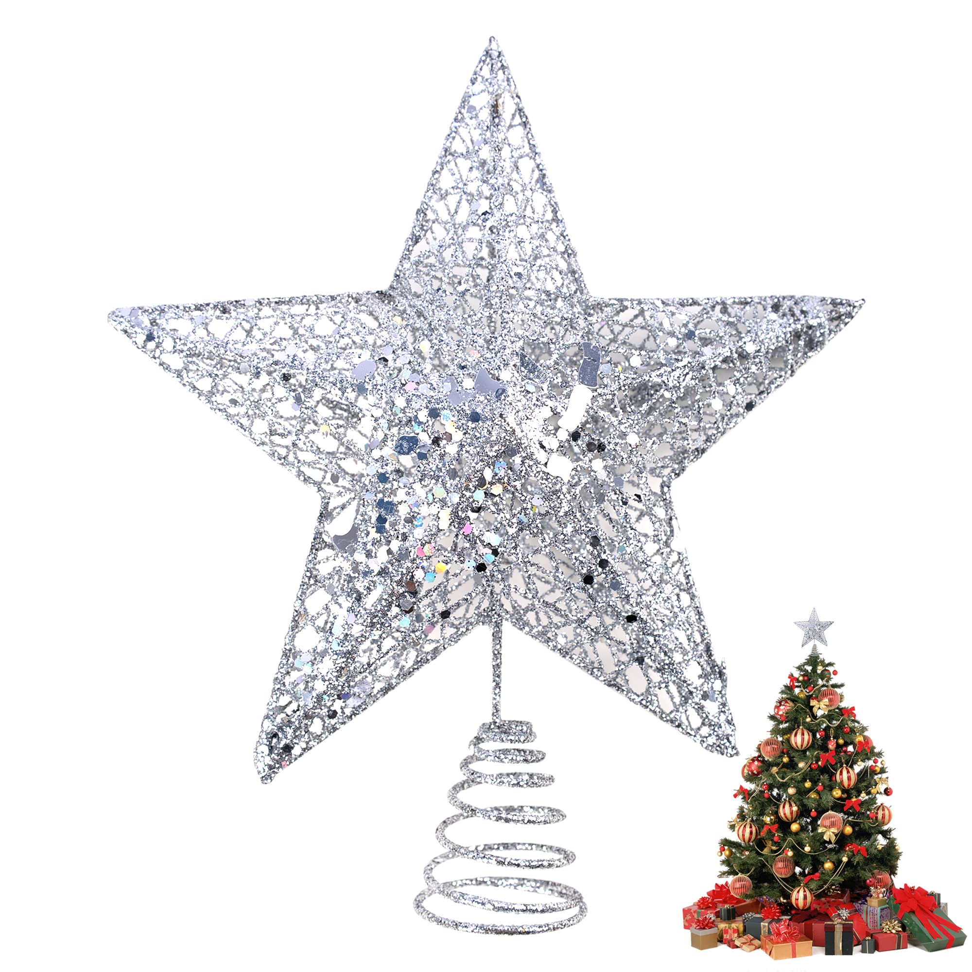 KEYIDO Silver Small Christmas Tree Topper Mini Star Tree Topper for Christmas Tree Metal Glitter Xmas Stars Decorations 15 * 12 cm