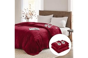 Degrees of Comfort Electric Blanket King Size, Dual Control W/Auto Shut Off, Large Fleece Heated Blanket for Bed, Machine Washable, Red, 100Wx90L