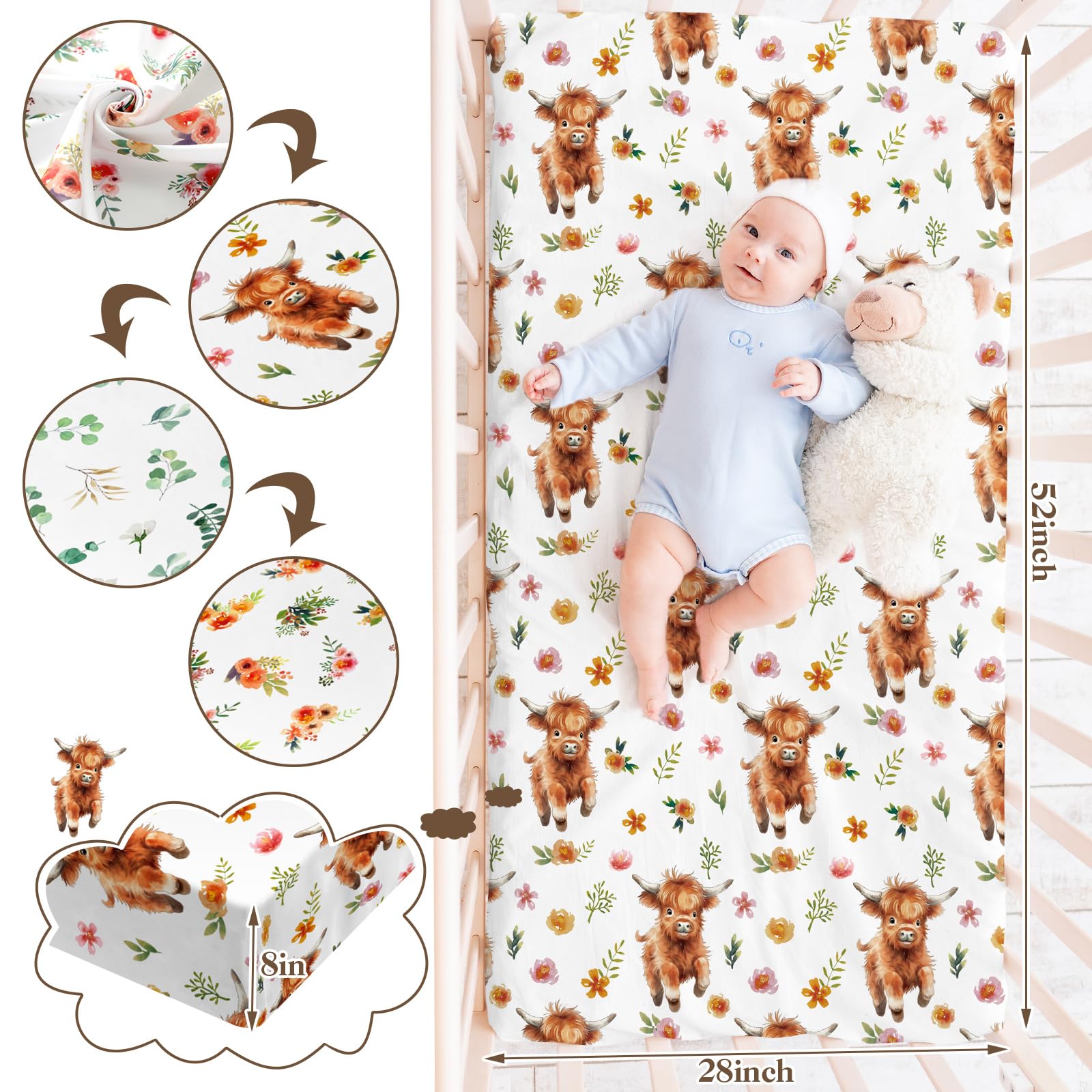 Croknit 4 Pcs Highland Cow Fitted Standard Crib Sheet 52