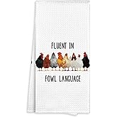 Fewgb Funny Chicken Rooster Kitchen Towel Gifts for Chicken Lovers Decorative, Fluent in Fowl Language Dish Towels Tea Towels, Hen Rooster Hand Towel for Kitchen Bathroom Decor 16x24