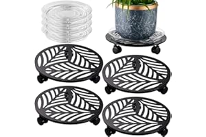 PLANTERHOMA 4 Packs Large Metal Plant Caddy with 3 PU Wheels 12" Heavy-duty Wrought Iron Rolling Plant Stands Indoor Outdoor Wheeled Plant Dolly Planter Mover Rollers Plant Trolley Cart, Plant Saucers Included