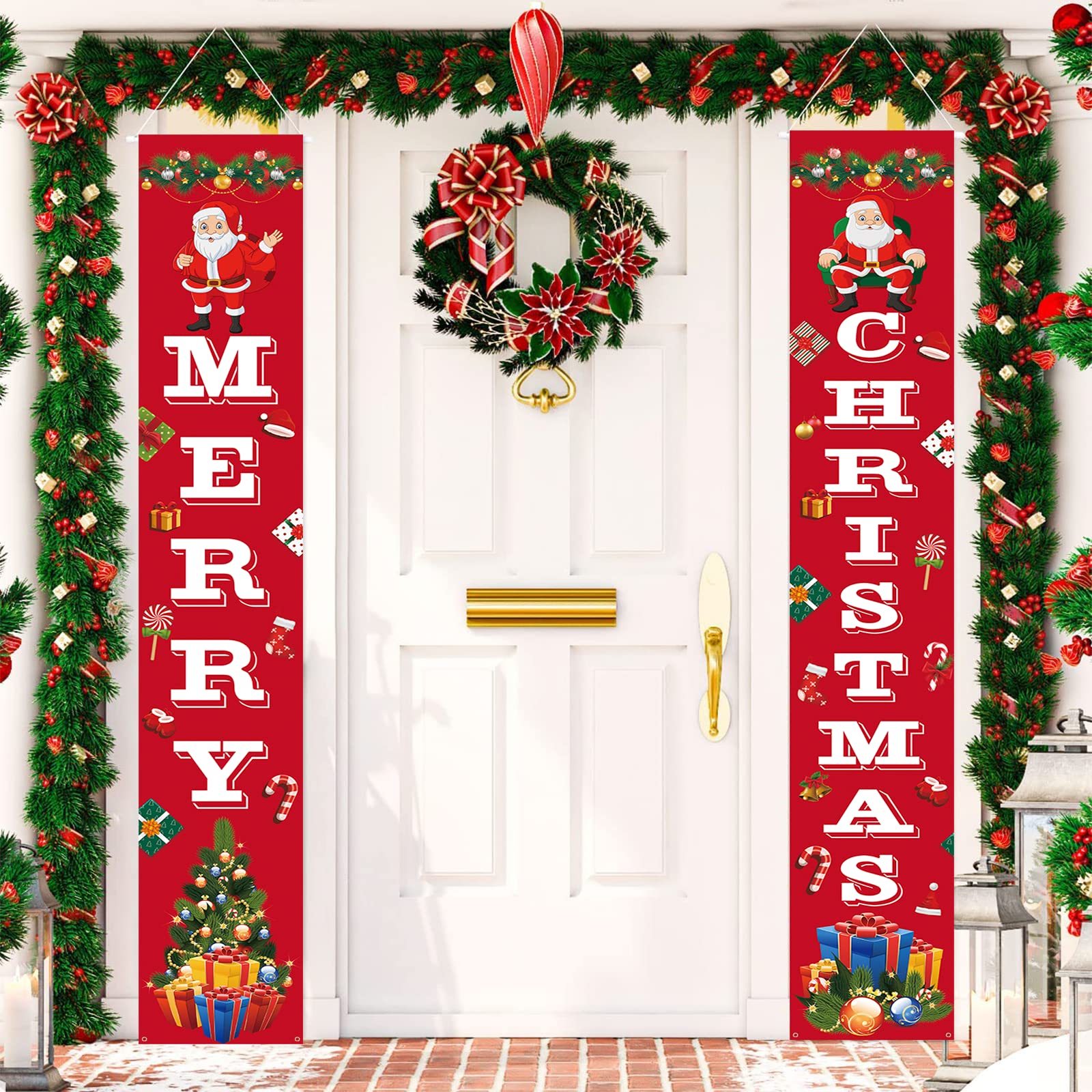 Merry Christmas Porch Sign with Santa Claus Tree Gift Wreath, Xmas Decoration for New Year Outdoor Porch Front Door Wall Hanging