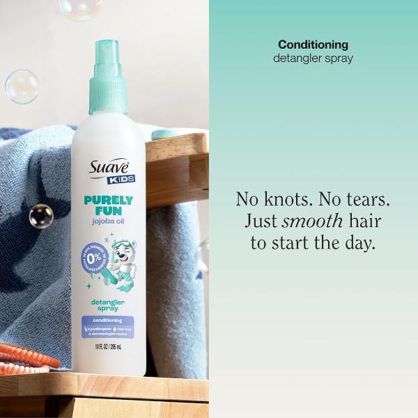 SUAVE KIDS PURELY FUN HAIR DETANGLER SPRAY WITH JOJOBA OIL, TEAR-FREE, TANGLE-FREE SHINE FOR SOFT, MANAGEABLE HAIR, HYPOALLERGENIC, 6 COUNT, 10 FL OZ