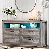 Dresser for Bedroom with 4 Drawers, Farmhouse Chest of Drawers with Natural Texture and LED Lights, Wide Wood Rustic Closet Storage Organizer, Modern Dresser TV Stand for Living Room, Entryway, Grey