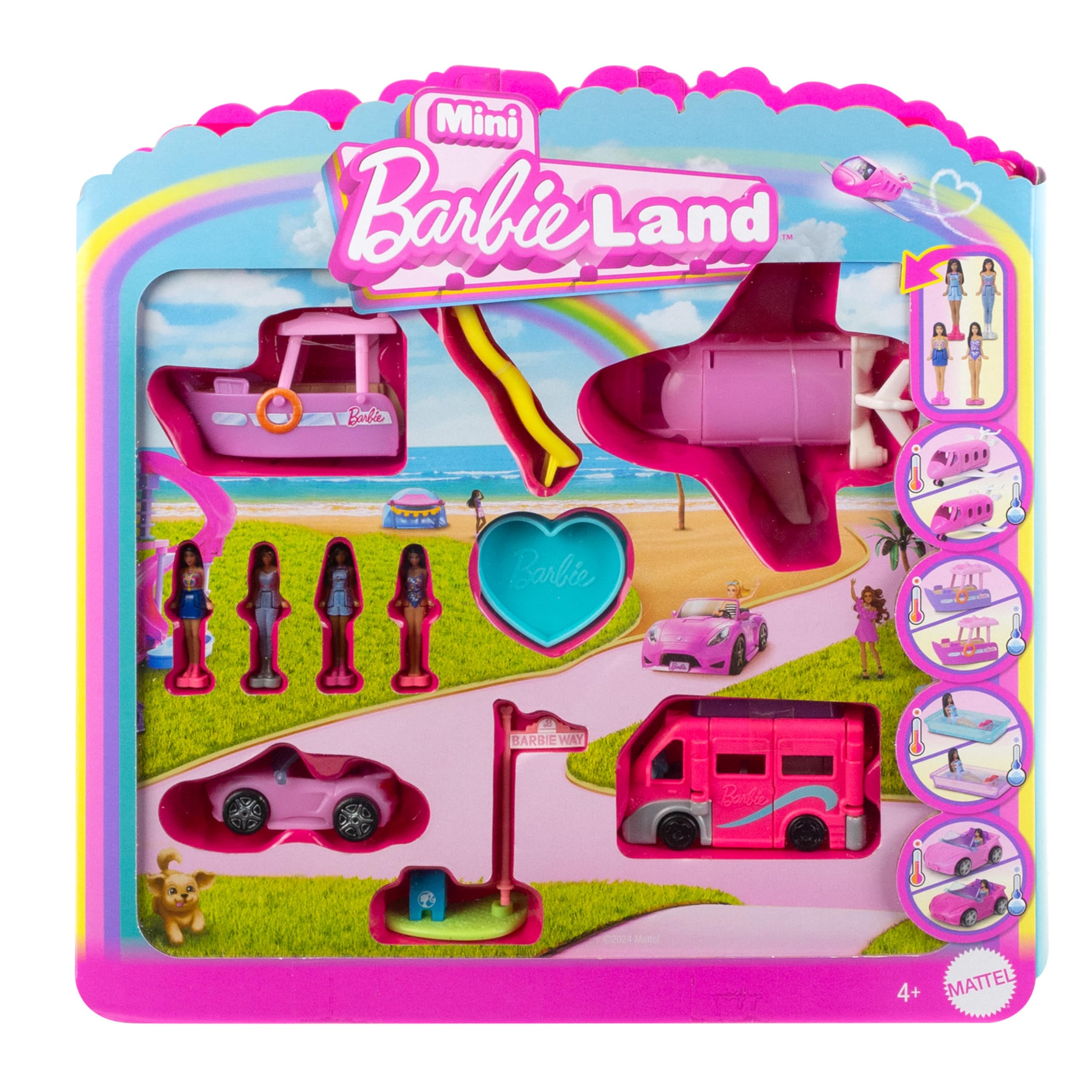 Barbie Mini BarbieLand 4-Pack Doll & Toy Vehicle Set with 4 1.5-inch Dolls & 4 Iconic Toy Vehicles with Color-Change Surprise, JDB85