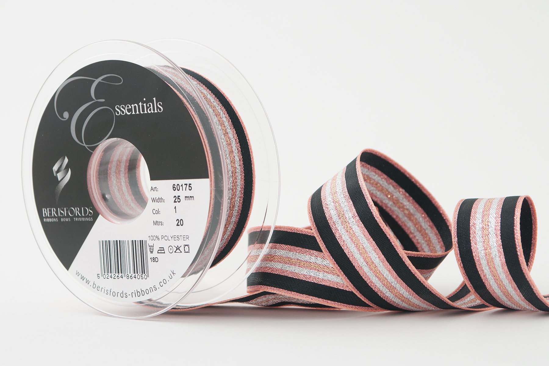 Berisfords Winter Stripe Ribbon, Rose Gold, 25 mm