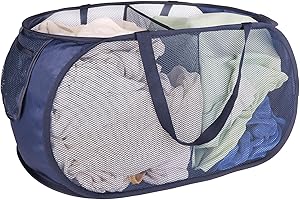 XIAYAN collapsible Mesh Popup laundry basket，2 Compartments-Laundry Hamper with Strong Handles ，Easy to Open and Fold for Dorm, Laundry Room, Bedroom, RV (Blue)…