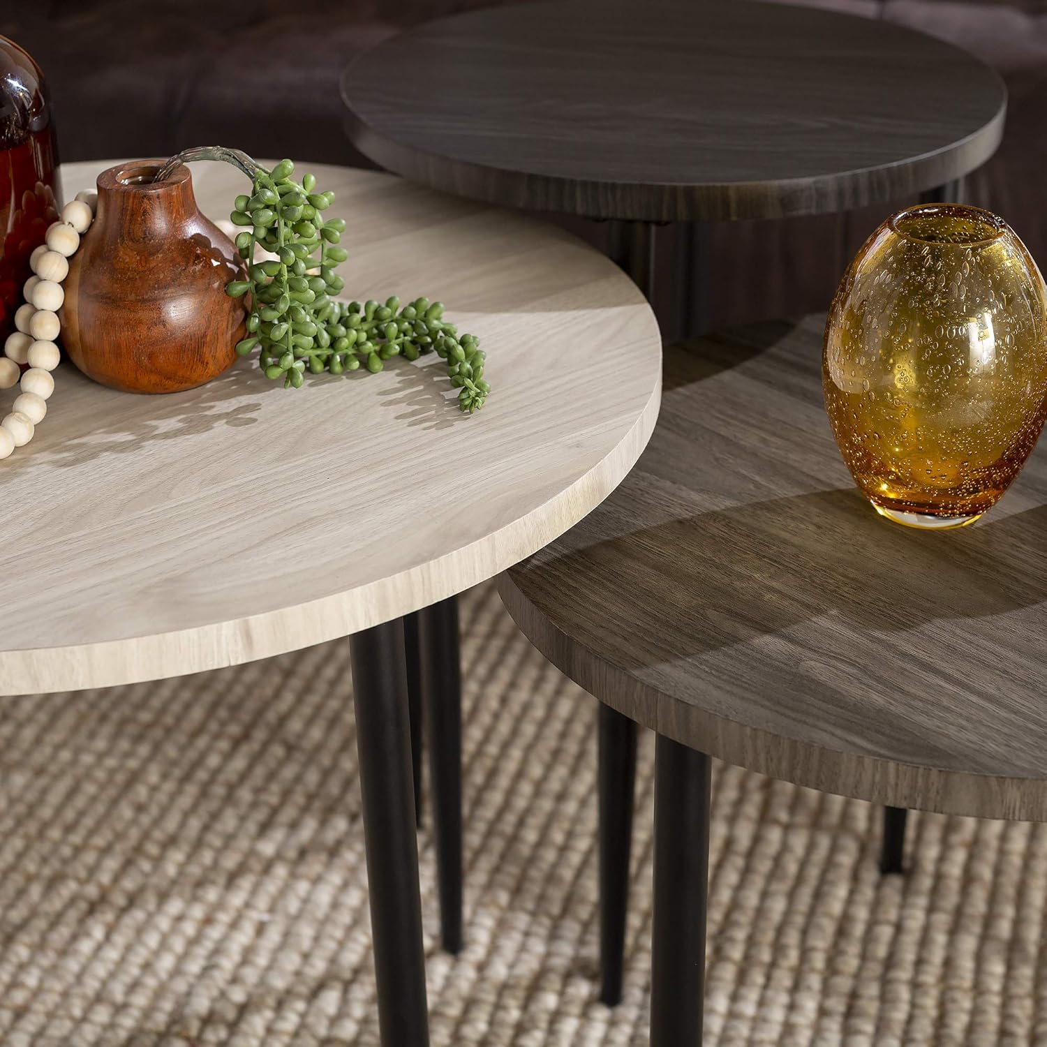 Walker Edison Furniture Company 3 Piece Modern Round Nesting Coffee Table Set Living Room Accent Ottoman Storage Shelf, Set of 3, Birch: Furniture & Decor