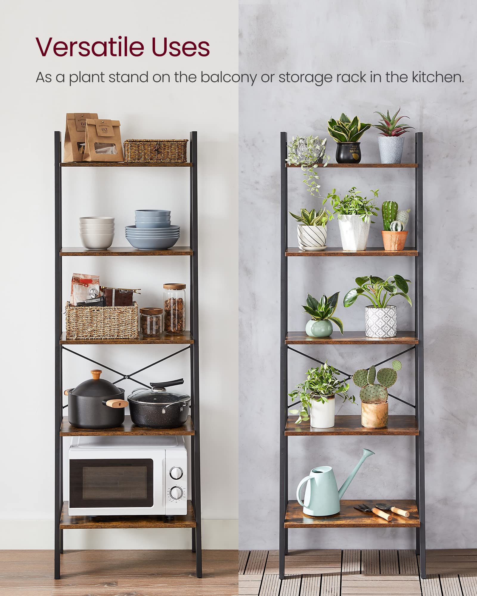 VASAGLE Ladder Shelf, 5-Tier Bookshelf, Storage Rack, Bookcase with Steel Frame, for Living Room, Home Office, Kitchen, Bedroom, Industrial Style, Rustic Brown and Ink Black ULLS45X