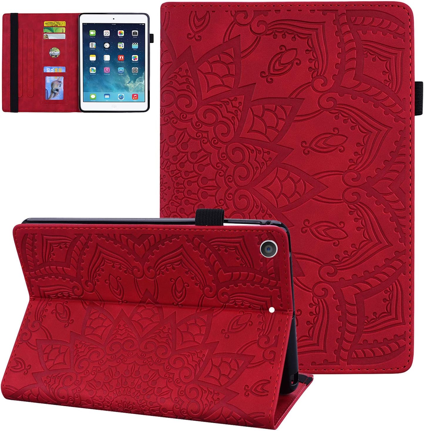 Coopts iPad 10.2 2020/2019 Case with Handle Strap iPad 8th/7th Gen 2020/2019 Sleeve Cover with Pencil Holder, Embossed Mandala PU Leather Anti-Shock Card Slots Cover for iPad 8 2020/iPad 7 2019,Red