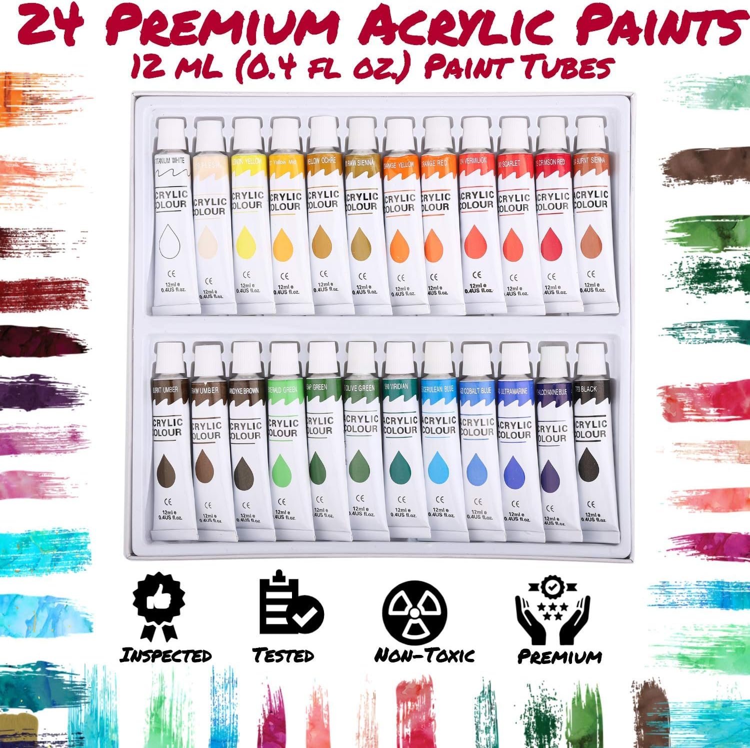 48pc Deluxe Painting Kits for Adults - Includes Adjustable Wood Easels, 10 Brushes Set, 24 Acrylic Paints, Wooden and Plastic Palettes, 2 Painting Knives, 3 Sponges, Canvases, Color Mixing Wheel