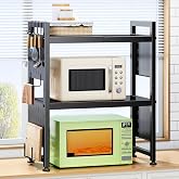 Expandable Microwave Stand, Heavy Duty 3-Tier Adjustable Microwave Oven Rack Shelf with 8 Hooks &amp; 2 Holders, Space-saving Kitchen Counter Shelf for kitchen organizers and storage, 200lbs Capacity