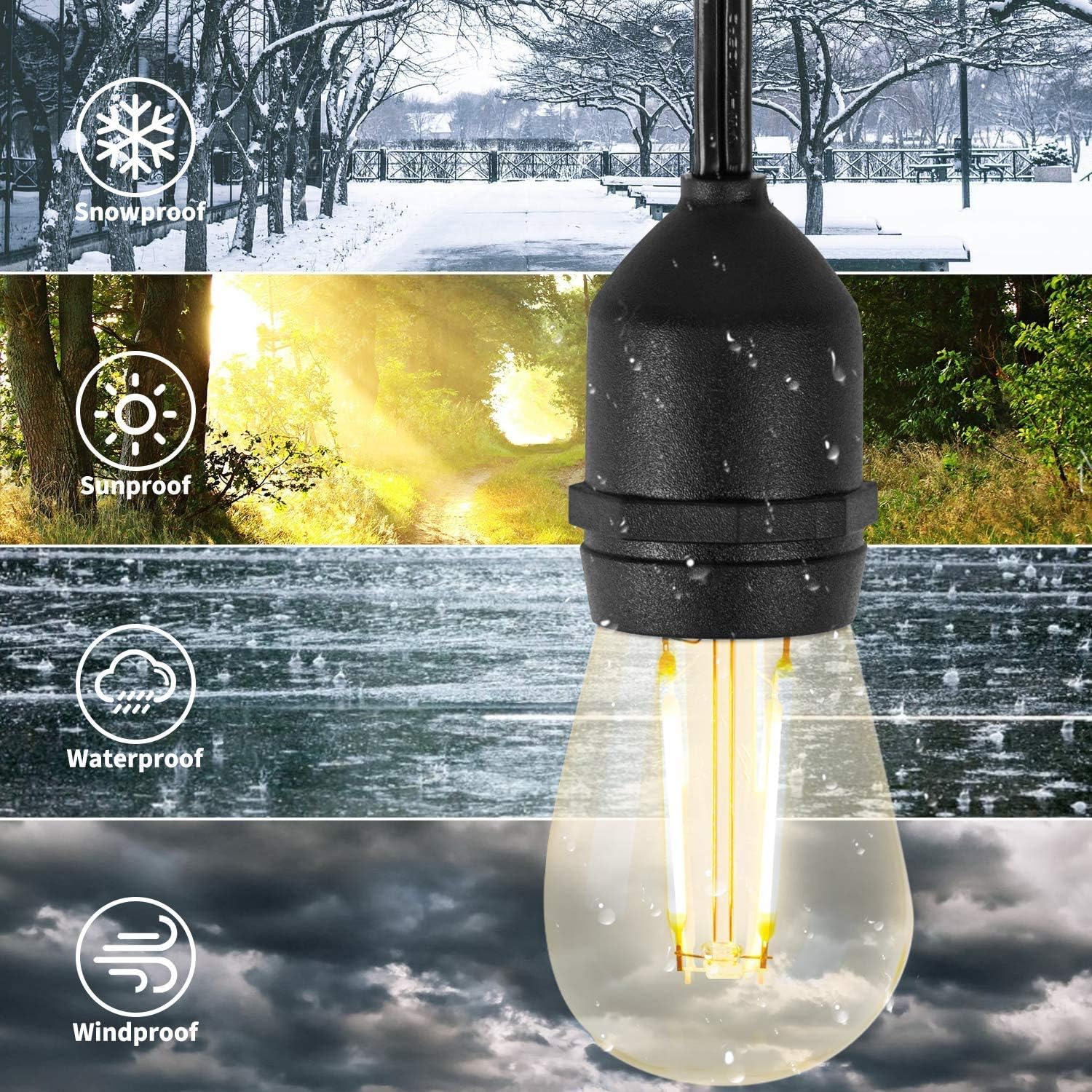 Minetom 48Ft LED Outdoor String Lights with 15 Shatterproof Energy Saving Bulbs, UL Listed Commercial Grade Connectable Weatherproof Strand for Patio Deck Backyard Garden Wedding, Black Cord, 2700K - - 