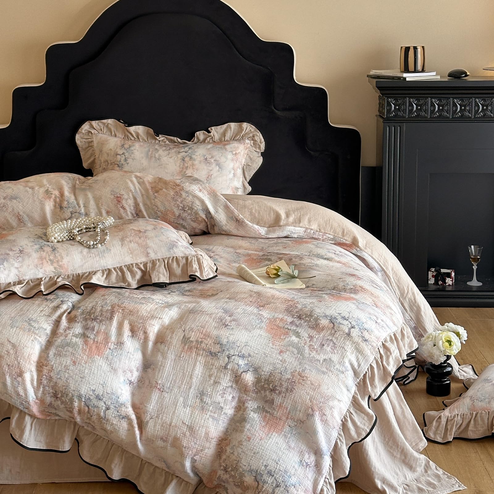 VM VOUGEMARKET Girls Ruffle Duvet Cover Set Twin Breathable Muslin Cotton Flower Duvet Cover Soft Linen Like Gauze Bedding Set-68x86 Inch Image