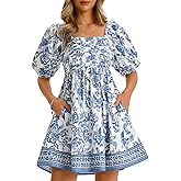 Wenrine Womens Summer Square Neck Mini Dresses Casual Floral Puff Short Sleeve Smocked High Waisted A-Line Babydoll Dress