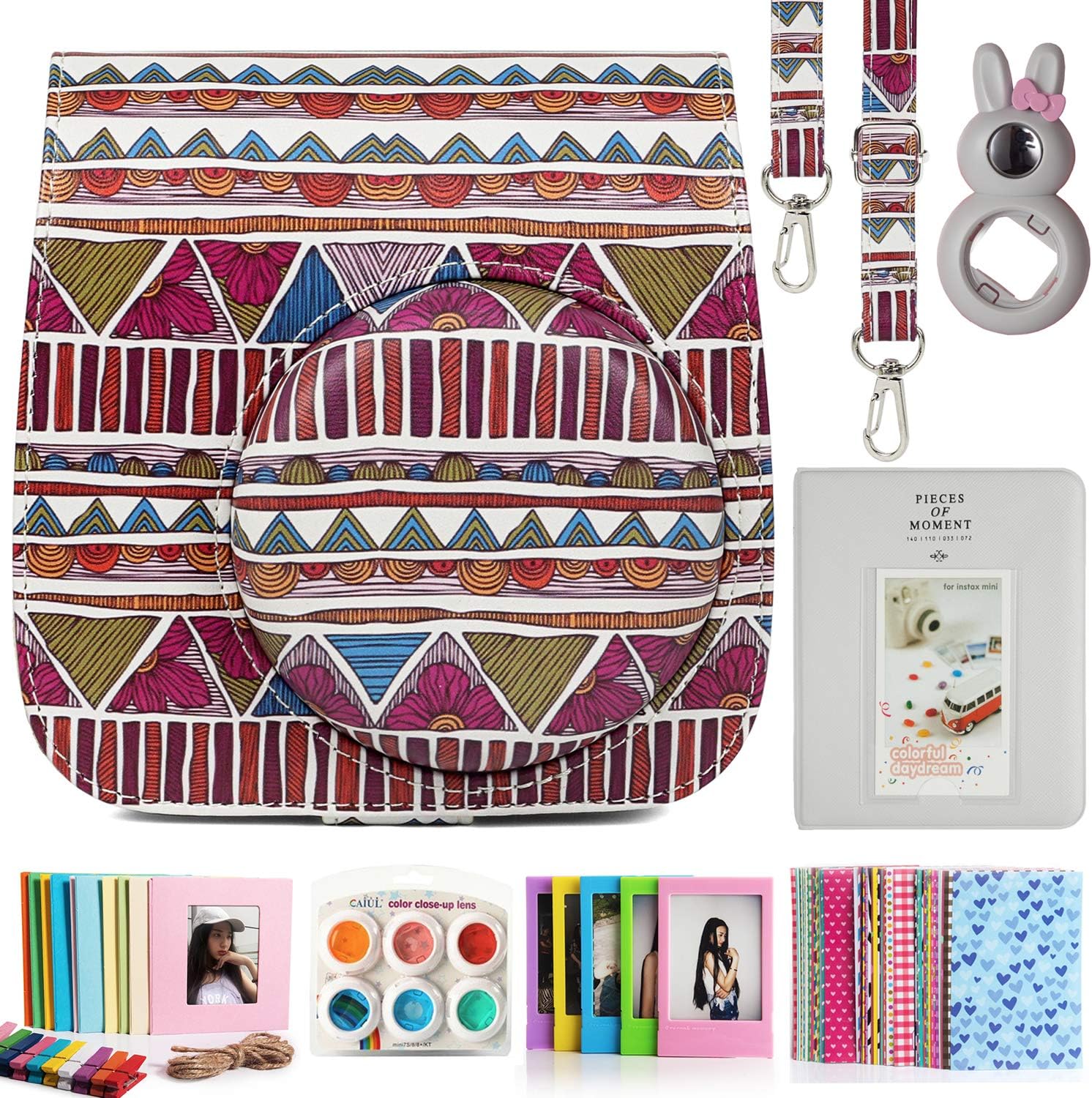 CAIUL Compatible Mini 9 Camera Case Bundle with Album, Filters Other Accessories for Fujifilm Instax Mini 9 8 8+ (Ethnic Custom, 7 Items)