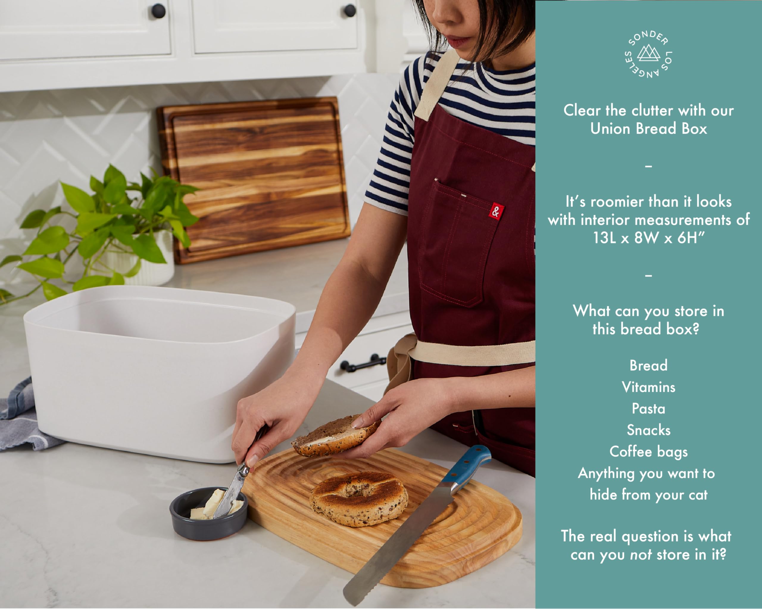 Sonder Los Angeles, Modern Bamboo Fiber and Recycled Plastic Bread Box (White) for Kitchen Countertop with Reversible Cutting Board Lid, Homemade Bread Bin Storage Container 14.25 x 9.25 x 7 in