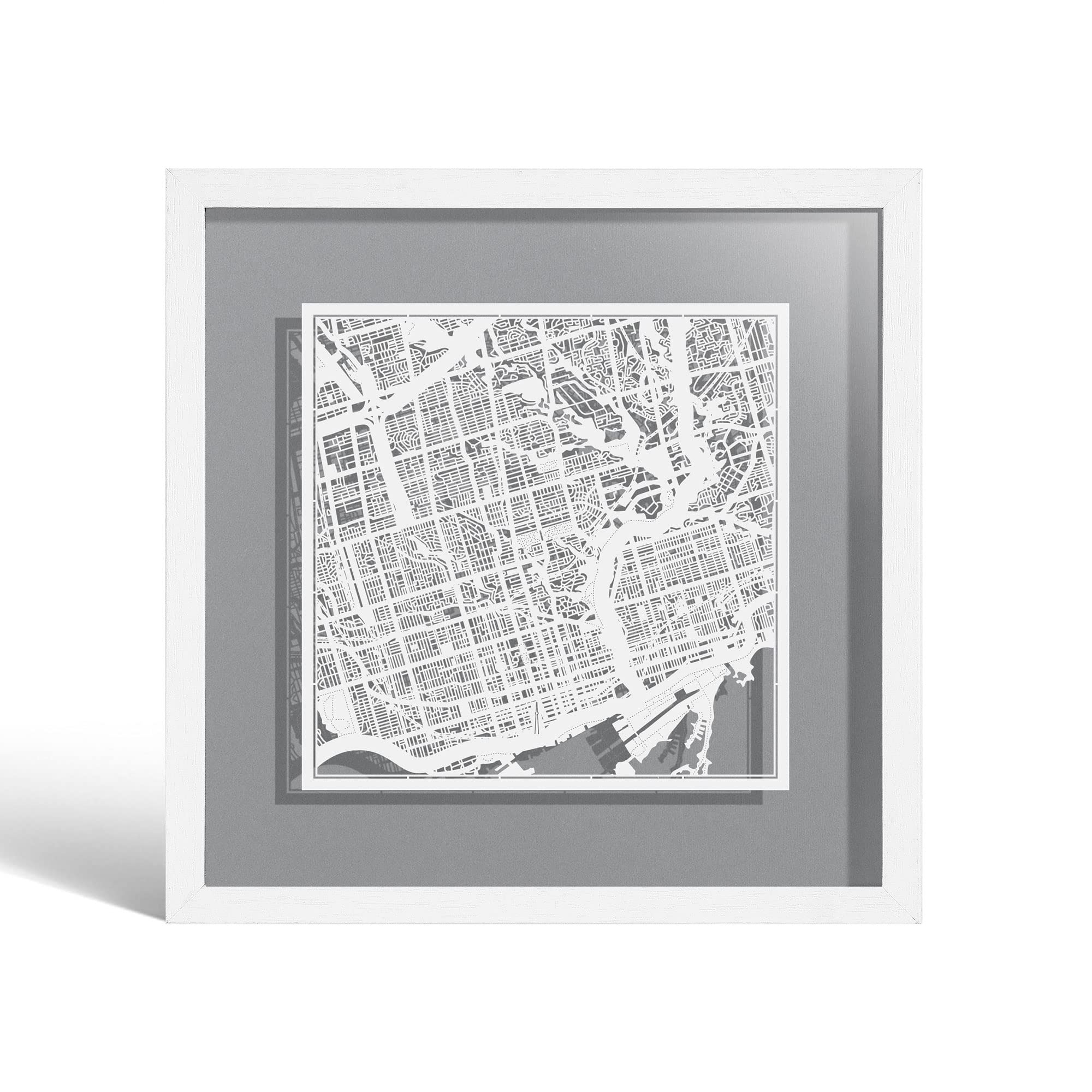 O3 DESIGN STUDIO Toronto Paper Cut Map framed, White map, White frame, 9x9 inches, Gift Boxed, 4 background color, self-changing, Paper Art