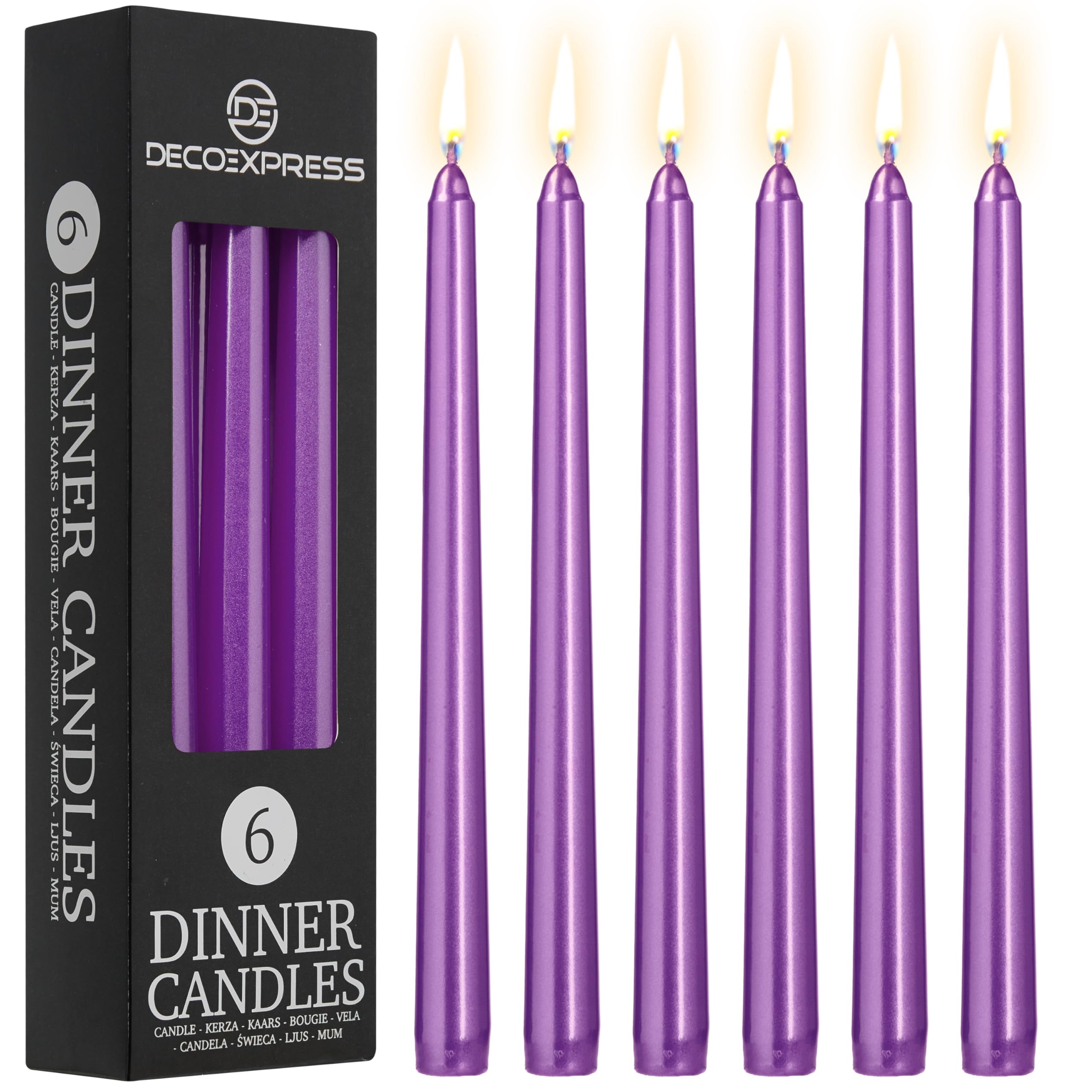 DECO EXPRESS Candles Set, Pack of 6 Classic Dripless Tapered Metallic Dinner Candles, Unscented with 8 Hours Burning Time, Home, Valentine’s Day & Mother’s Day Decor Idea (Metallic Purple, 6 Pack) — image 1