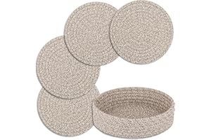 Trivets for Hot Dishes, Trivets for Hot Pots and Pans, Cotton Coasters 4 Pcs and Storage Basket 1 Pack, Pot Holders for Kitch