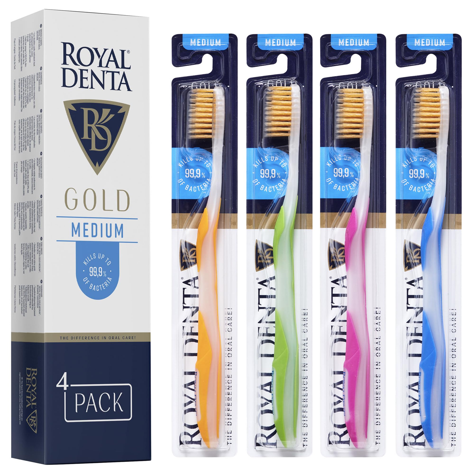 Royal Denta Flossing Toothbrush Multipack for Adults, Dual Length Gold Infused Bristles for Interdental Plaque Removal & Gum Care, Medium Soft Manual Toothbrush, Pack of 4 (Multi-Colour)