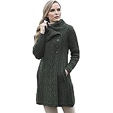 Aran Crafts Women's Cable Knit Soft Collar 3 Button Coat (100% Merino Wool)