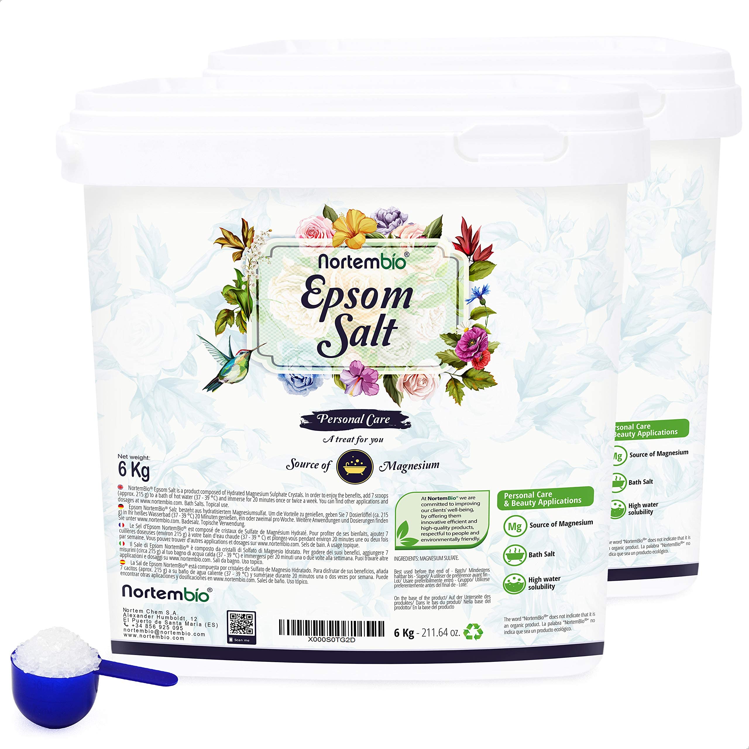 Nortembio 100% Pure Epsom Salt 2 x 6 kg – Concentrated Source of Magnesium | for Sensitive Skin | with Hydrating Vitamins C & E | No Additives, Natural External Use + Free eBook