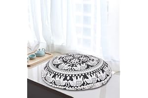 MY DREAM CARTS 32" Pillows “Cover Only” Elephant Mandala Black Floor Pillow Case Meditation Bohemian Cushion Seating Throw Hippie Decorative Boho Indian Large Ottoman Outdoor Home Decor Round Sham Cotton Animal Pouf