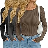 Oakgarden 3 Pack Women's Ribbed Long Sleeve Tops Crew Neck Slim Fit Cotton Shirt Basic Casual Tee with Thumb Hole