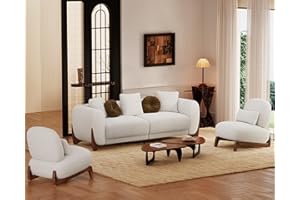 Morden Fort 3 Piece Cloud Couch Set, Modern Sherpa Boucle Sofa Set with Wood Legs, Skin-Friendly Minimalist Upholstered Comfy Couch Sofas for Living Room, 3-Seater Sofa & 2 Chairs, Off White