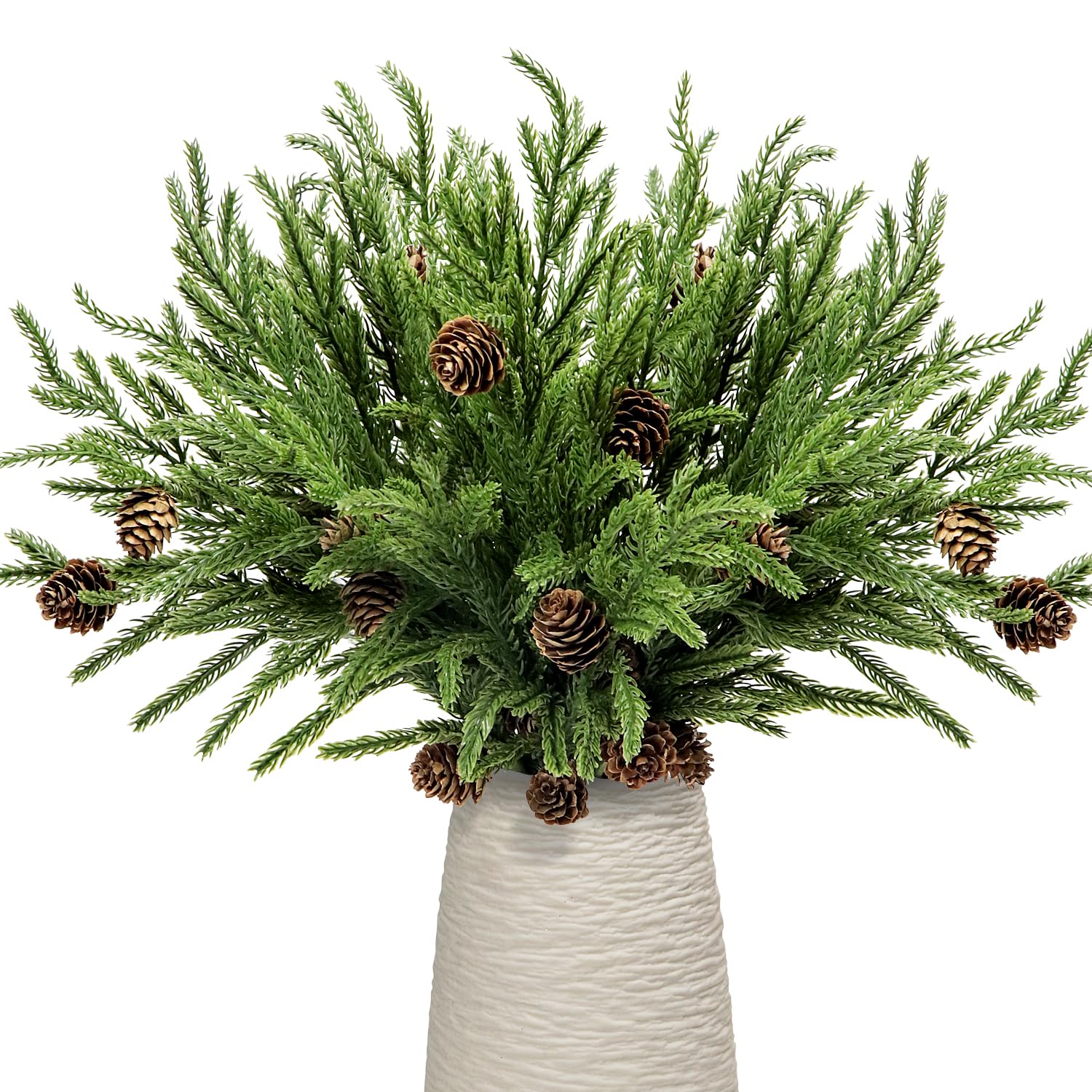 KKSTY 5 Pcs Real Touch Norfolk Pine Stems With Pinecone, Artificial Christmas Foliage Sprigs Tree Picks Filler Branches Greenery Decorations for Xmas Garland Wreath DIY Crafts Home Decor