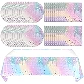Juhap Iridescent Diamond Birthday Party Supplies Decorations, Disposable Holographic Paper Tableware Includes 20 Plates 20 Napkins and 1 Tablecloth for Girls Kids Birthday Theme Party, Serve 20