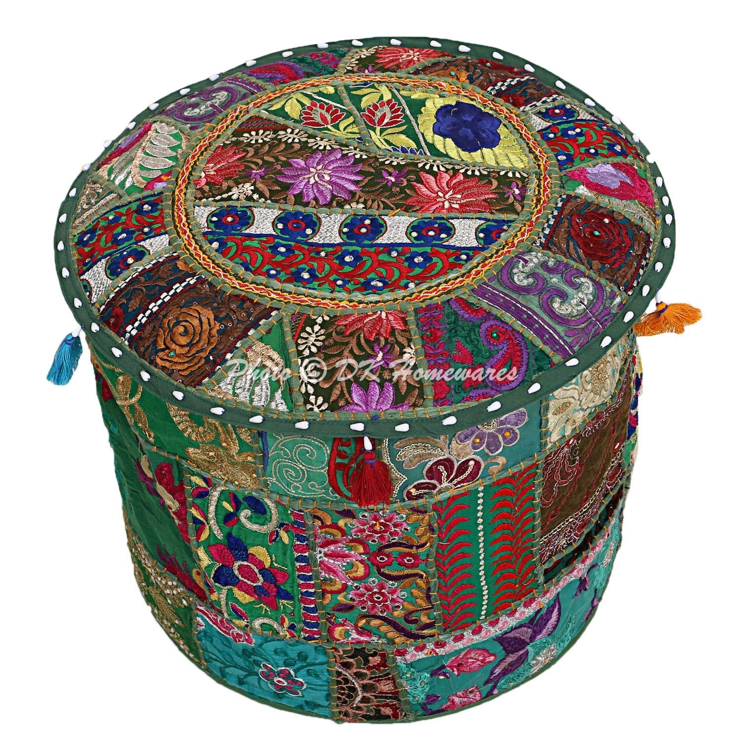 DK Homewares Vintage Ethnic Dark Green Foot Stool Pouffe Cover Hassock Embroidered Home Decorative Bean Bag Colourful Round Floral Patchwork Ottoman Foot Stool Cover (16X16X13 Inches / 40 Cm)